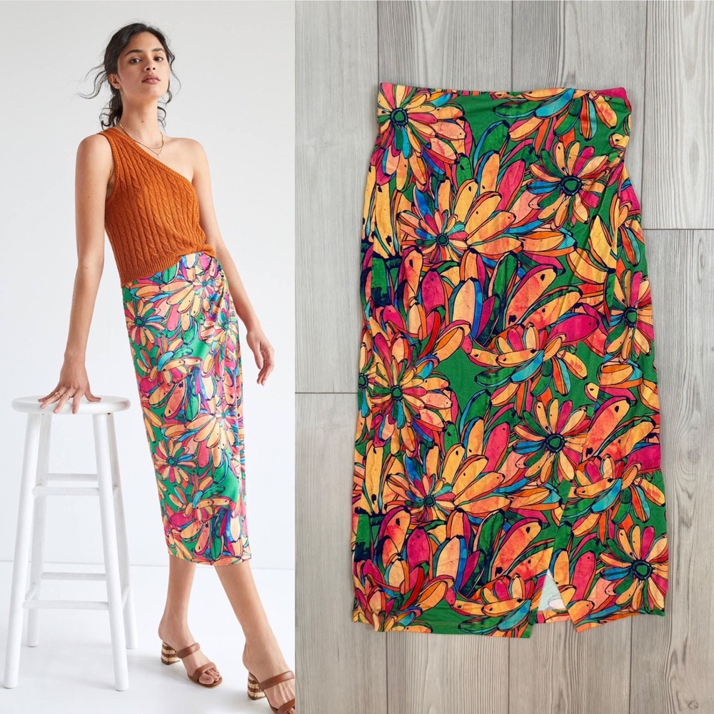 Farm Rio for Anthropologie Getaway Midi Skirt Banana Floral Print Green Small
